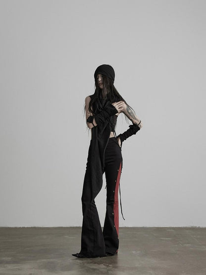 INDULGE Gothic Colorblock Patchwork Pocket Slim Waist Black Red Flare Pants