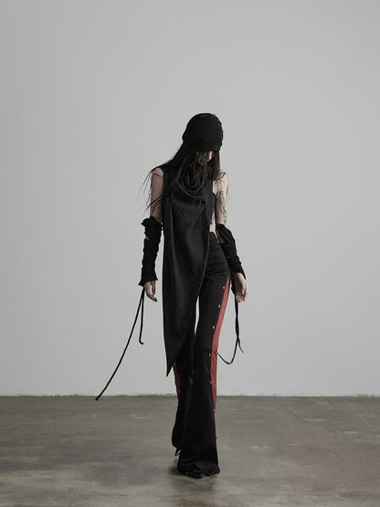 INDULGE Gothic Colorblock Patchwork Pocket Slim Waist Black Red Flare Pants