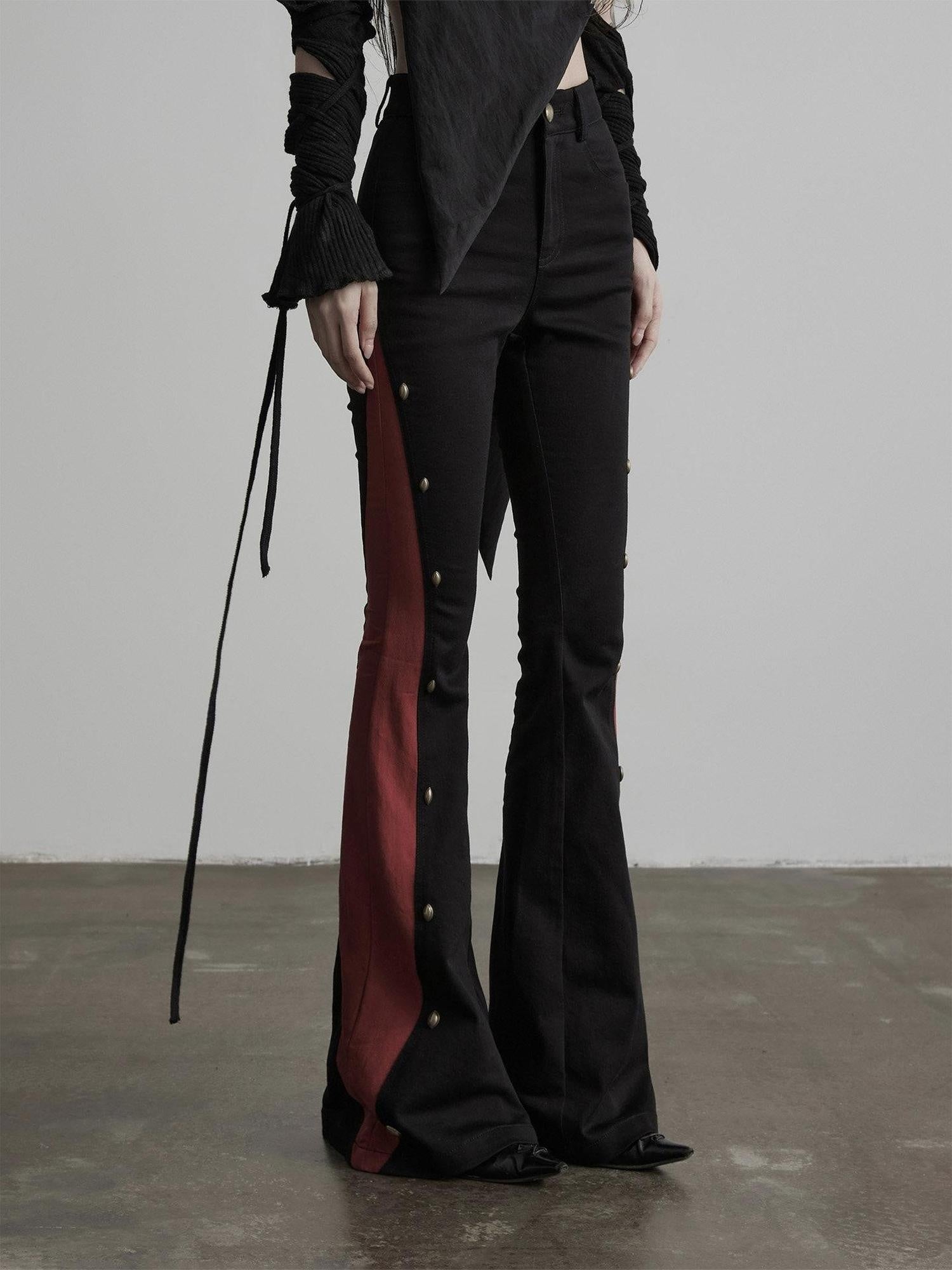 INDULGE Gothic Colorblock Patchwork Pocket Slim Waist Black Red Flare Pants