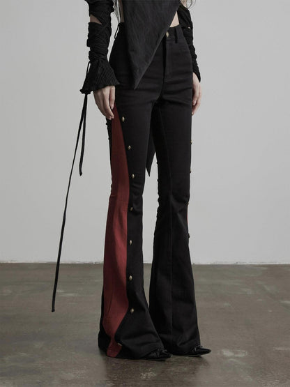 INDULGE Gothic Colorblock Patchwork Pocket Slim Waist Black Red Flare Pants