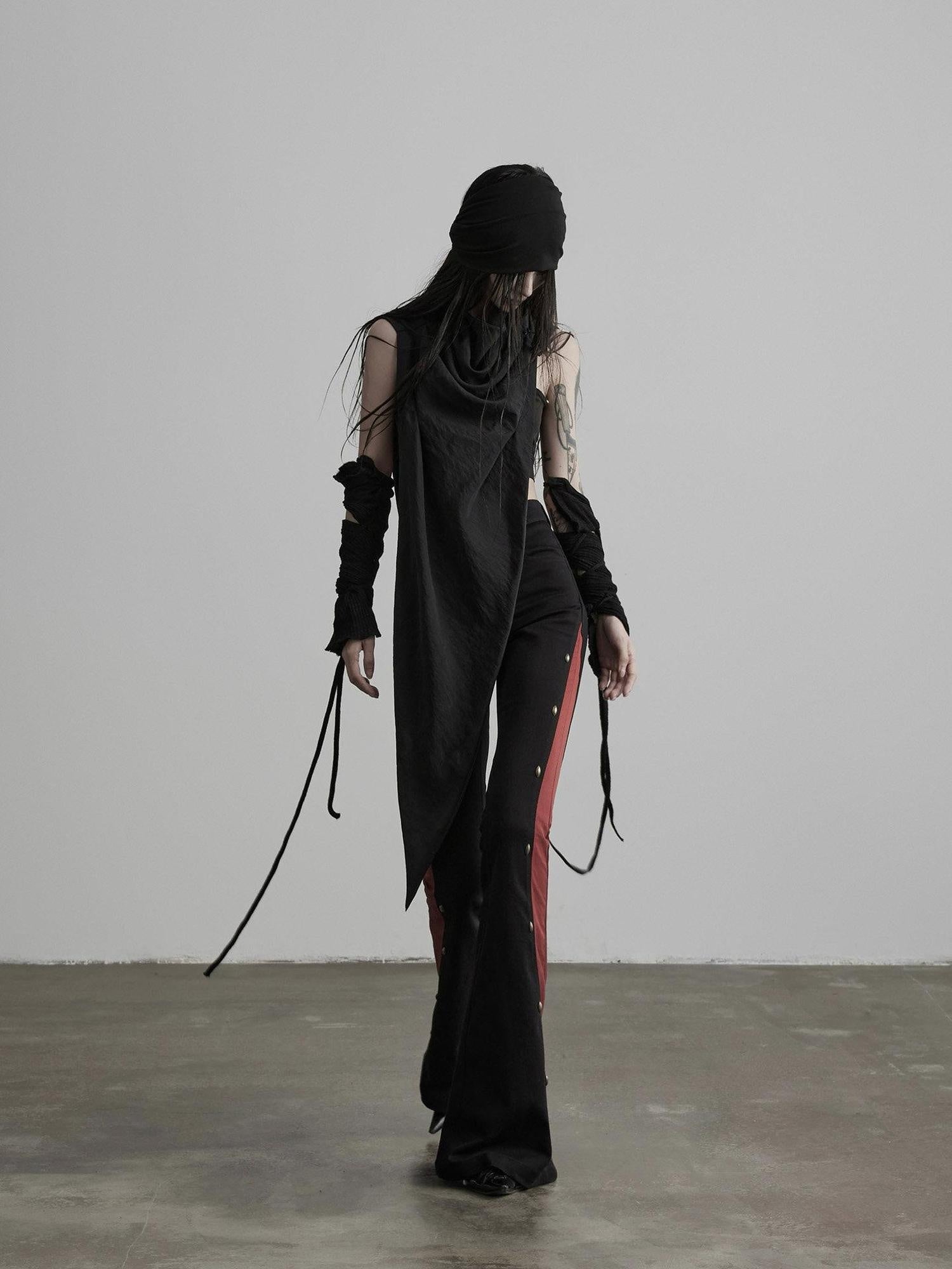 INDULGE Gothic Colorblock Patchwork Pocket Slim Waist Black Red Flare Pants