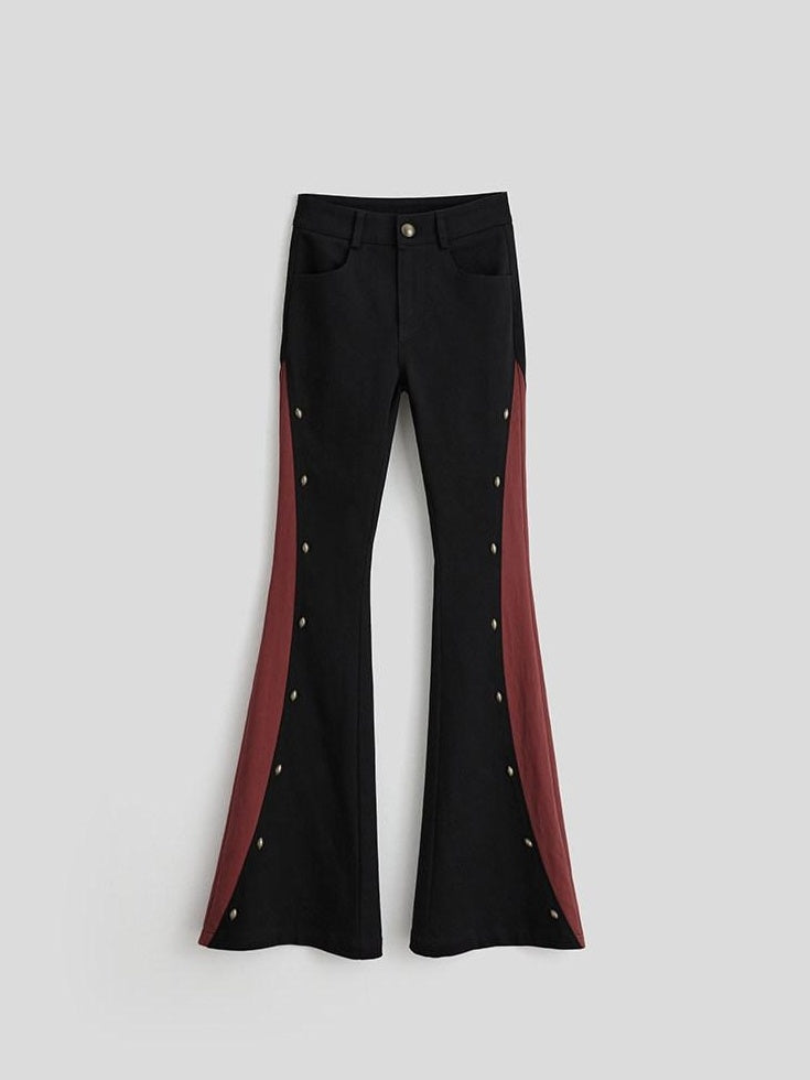 INDULGE Gothic Colorblock Patchwork Pocket Slim Waist Black Red Flare Pants