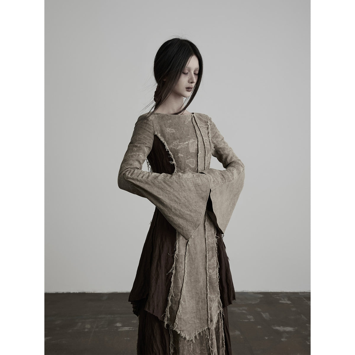 INDULGE_Hand_Dyed_Raw_Edge_Spliced_Flared_Sleeve_Women&