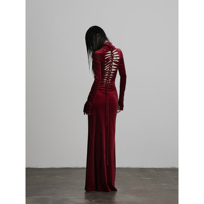 INDULGE_Handmade_Cross_Lace_Up_Velvet_High_Neck_Hollow_Out_Women&