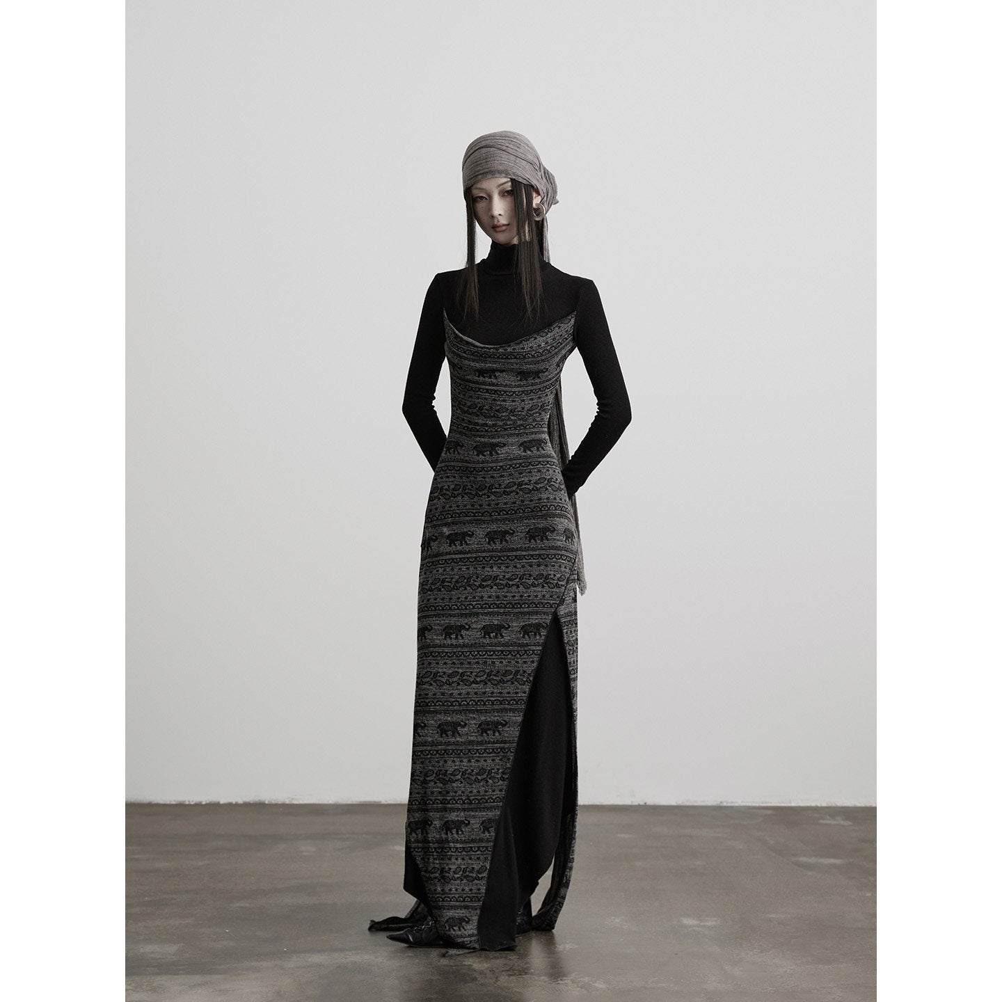 INDULGE High Stretch Asymmetric Cotton Casual Long Sleeve Slim Black Bodycon Maxi Dresses