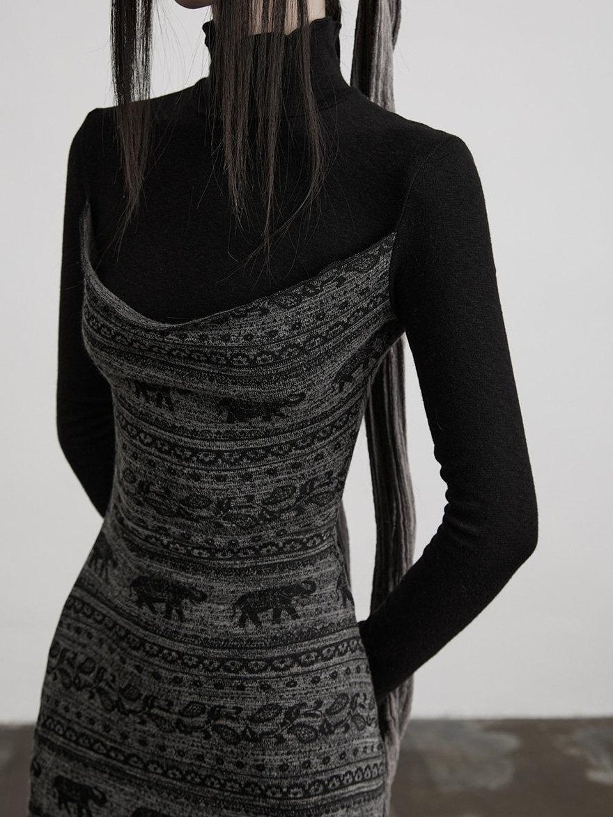 INDULGE High Stretch Asymmetric Cotton Casual Long Sleeve Slim Black Bodycon Maxi Dresses