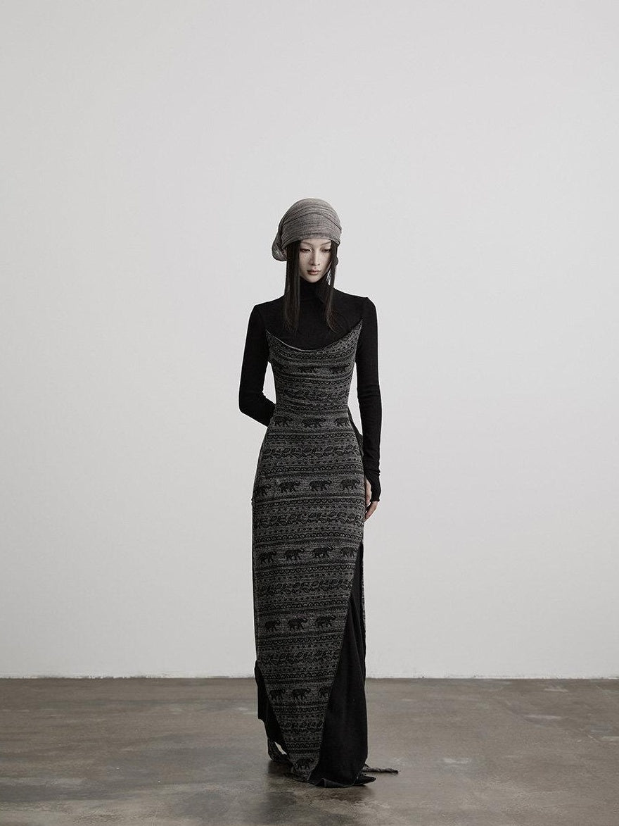 INDULGE High Stretch Asymmetric Cotton Casual Long Sleeve Slim Black Bodycon Maxi Dresses