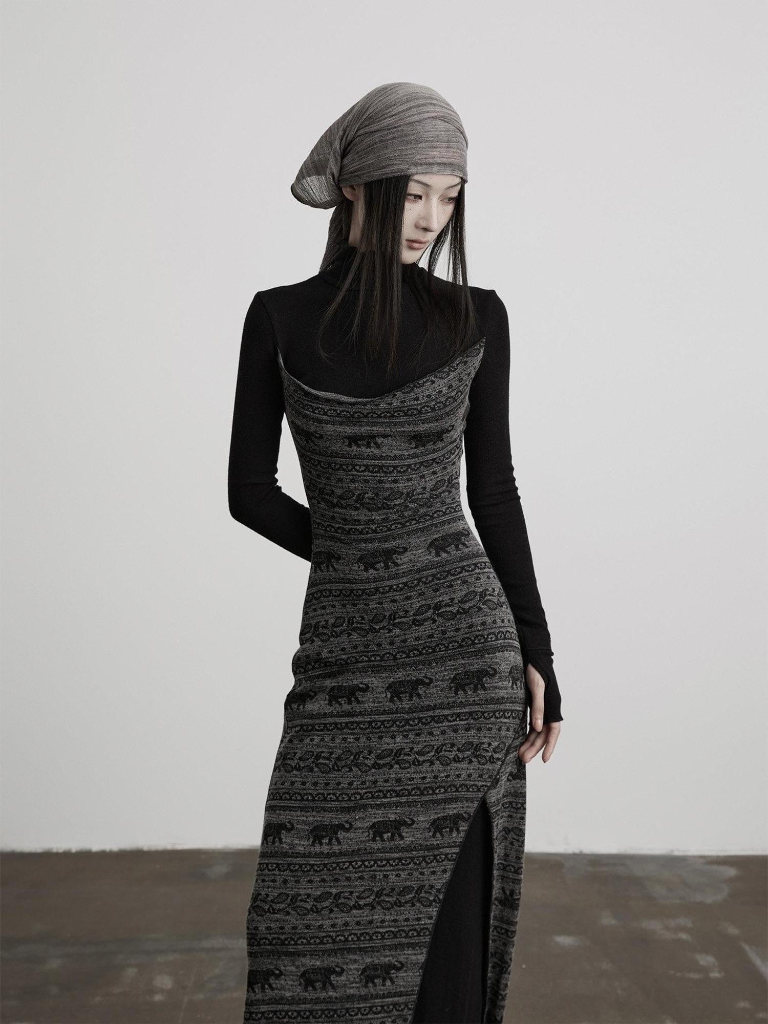 INDULGE High Stretch Asymmetric Cotton Casual Long Sleeve Slim Black Bodycon Maxi Dresses