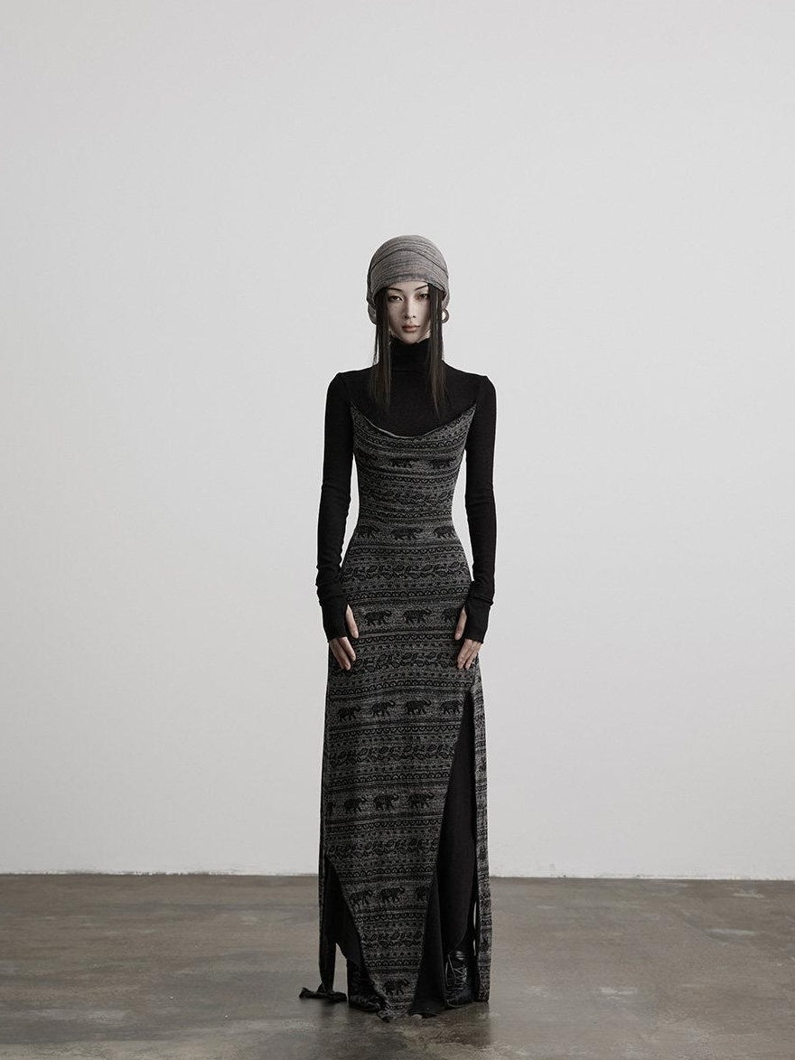 INDULGE High Stretch Asymmetric Cotton Casual Long Sleeve Slim Black Bodycon Maxi Dresses