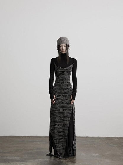 INDULGE High Stretch Asymmetric Cotton Casual Long Sleeve Slim Black Bodycon Maxi Dresses
