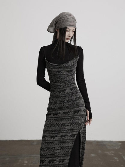 INDULGE High Stretch Asymmetric Cotton Casual Long Sleeve Slim Black Bodycon Maxi Dresses