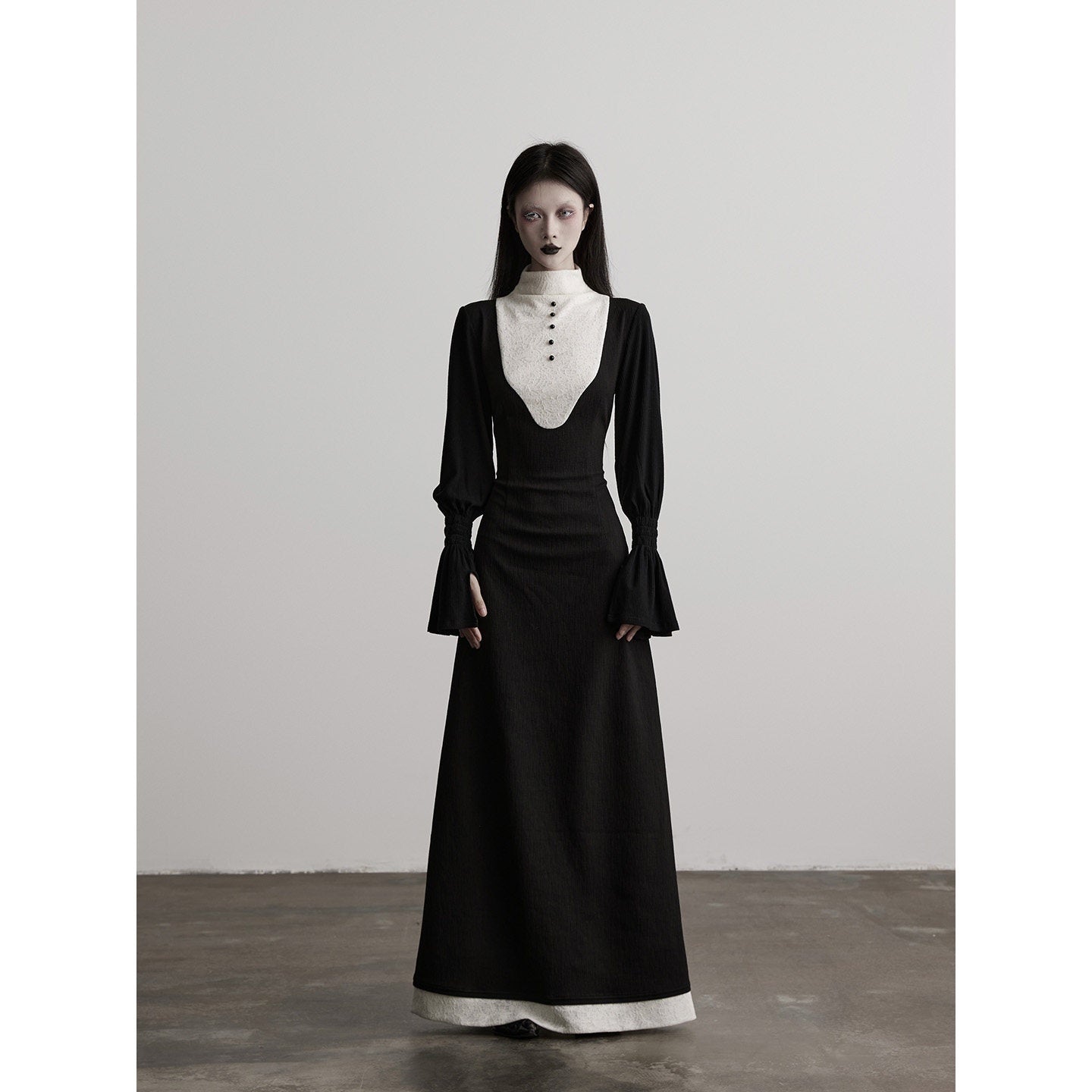 INDULGE High Stretch Cinched Waist Stand Collar Women Black White Bodycon Maxi Dresses