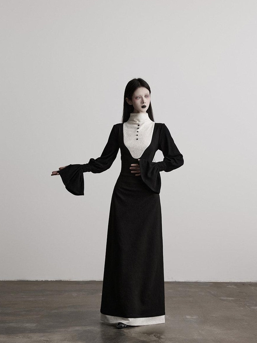 INDULGE High Stretch Cinched Waist Stand Collar Women Black White Bodycon Maxi Dresses