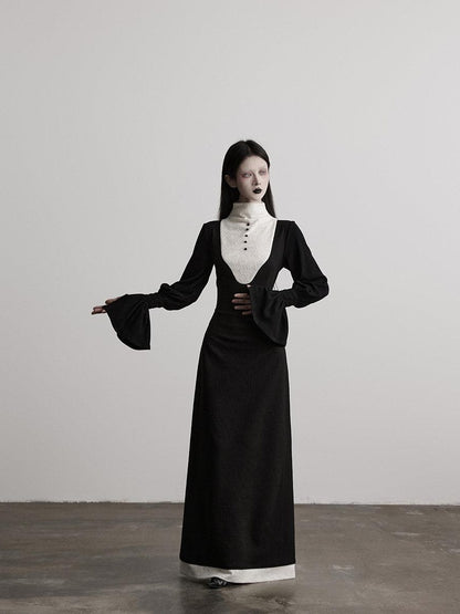 INDULGE High Stretch Cinched Waist Stand Collar Women Black White Bodycon Maxi Dresses