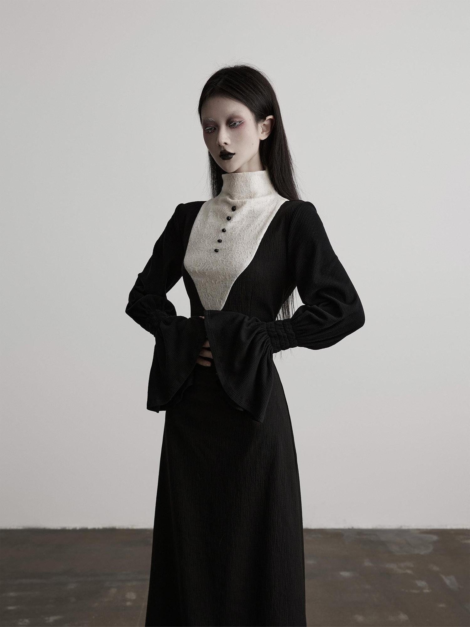 INDULGE High Stretch Cinched Waist Stand Collar Women Black White Bodycon Maxi Dresses