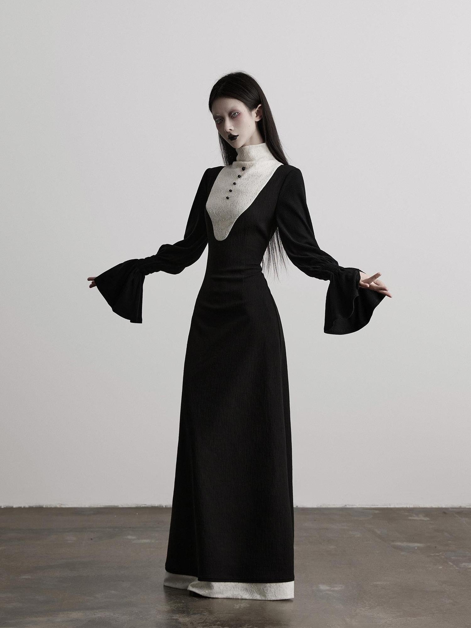 INDULGE High Stretch Cinched Waist Stand Collar Women Black White Bodycon Maxi Dresses