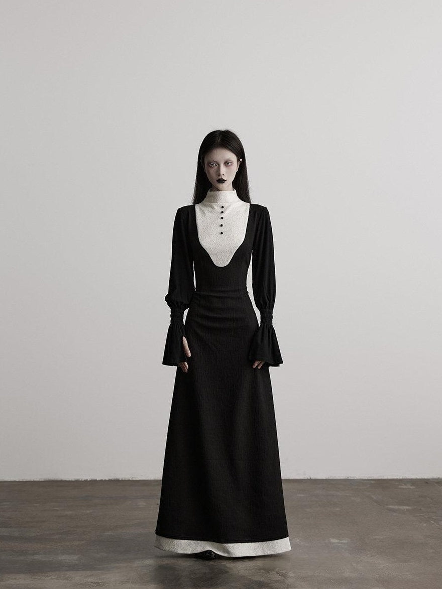 INDULGE High Stretch Cinched Waist Stand Collar Women Black White Bodycon Maxi Dresses