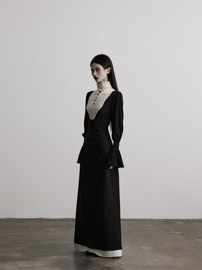 INDULGE High Stretch Cinched Waist Stand Collar Women Black White Bodycon Maxi Dresses