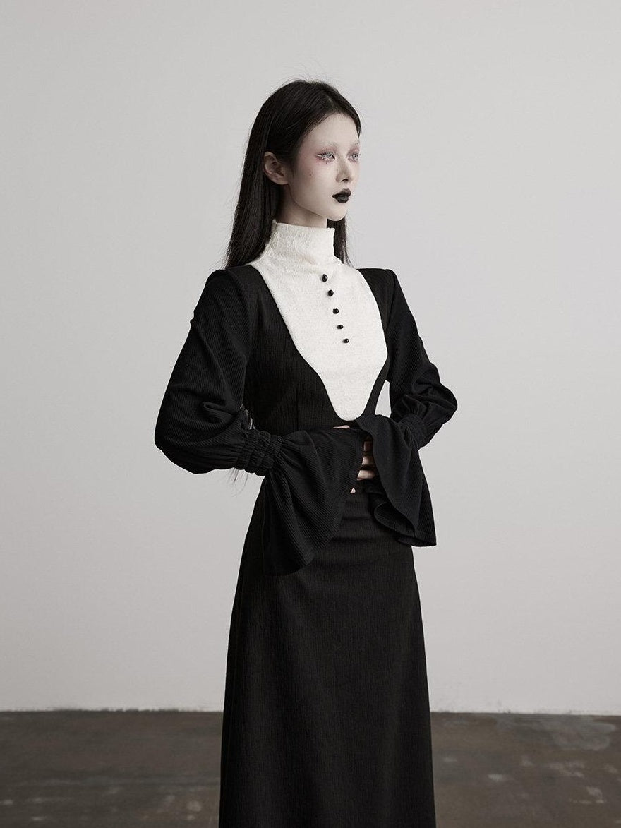 INDULGE High Stretch Cinched Waist Stand Collar Women Black White Bodycon Maxi Dresses