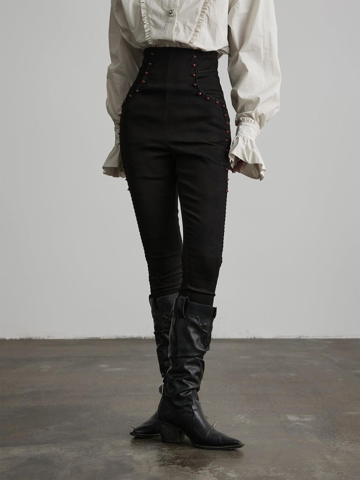 INDULGE High Stretch Non Iron Gothic Studded Skinny Natural Waist Women Black Slim Jeans