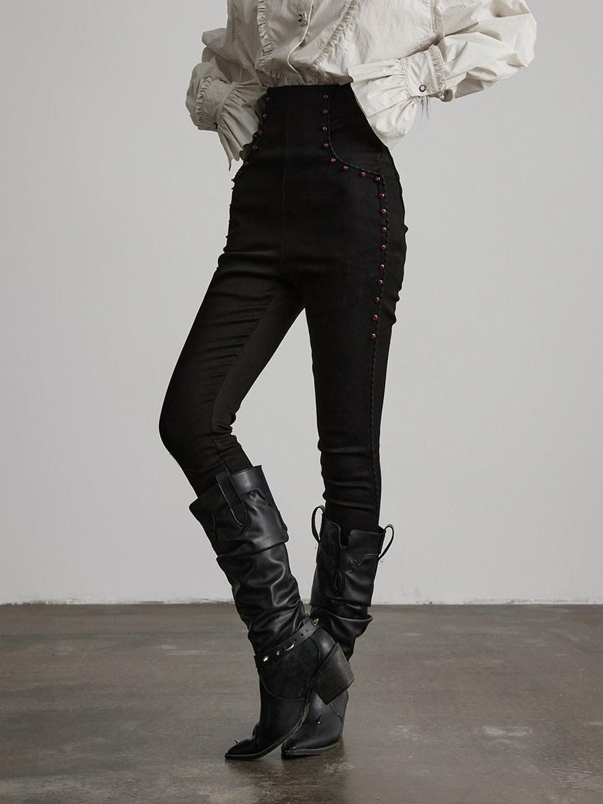 INDULGE High Stretch Non Iron Gothic Studded Skinny Natural Waist Women Black Slim Jeans