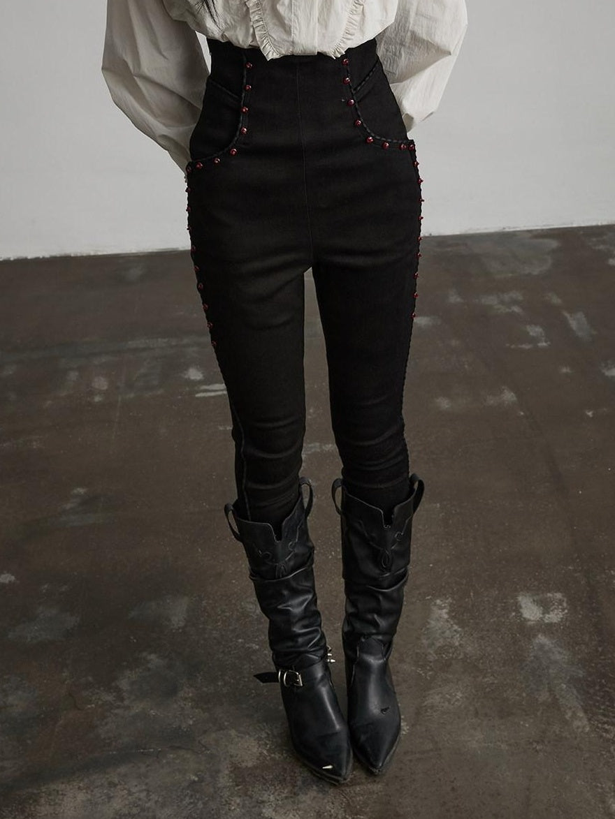 INDULGE High Stretch Non Iron Gothic Studded Skinny Natural Waist Women Black Slim Jeans