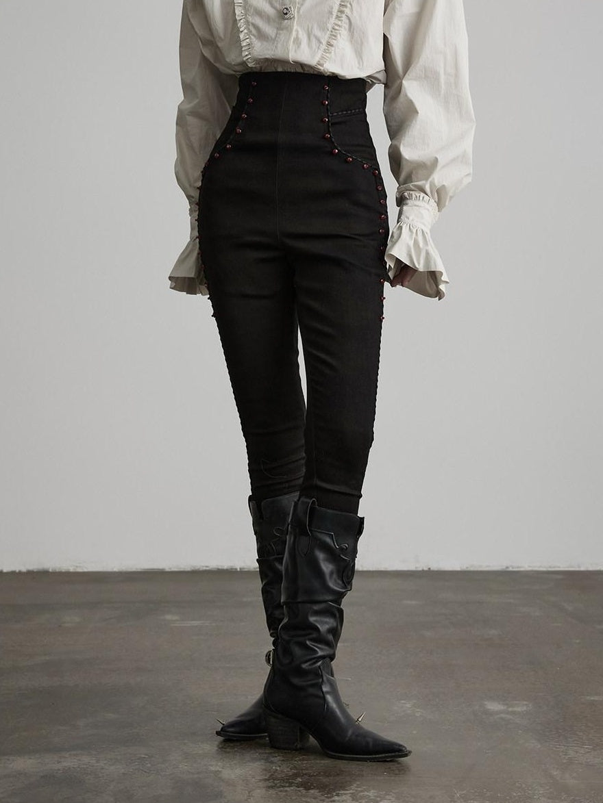 INDULGE High Stretch Non Iron Gothic Studded Skinny Natural Waist Women Black Slim Jeans