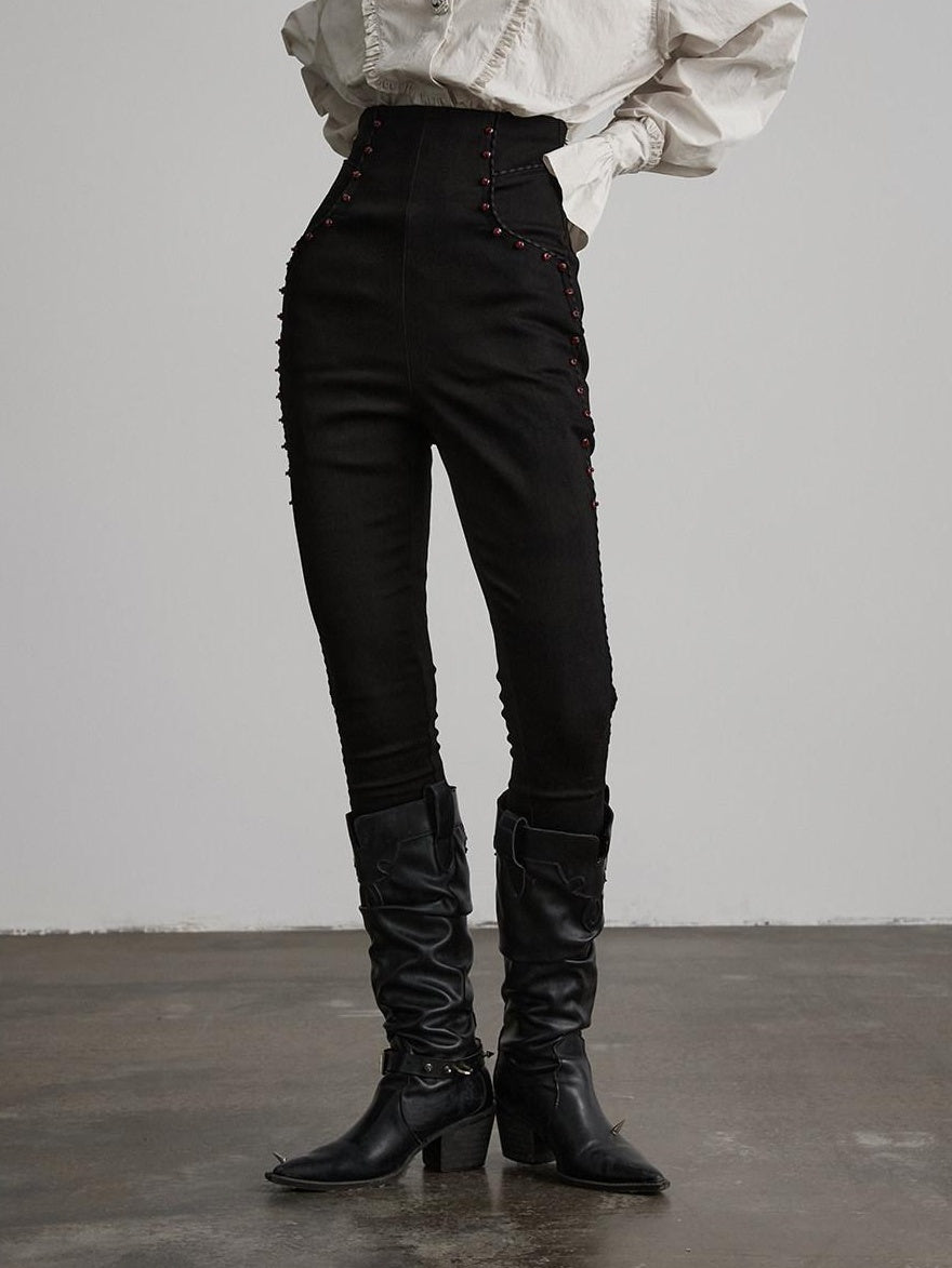 INDULGE High Stretch Non Iron Gothic Studded Skinny Natural Waist Women Black Slim Jeans