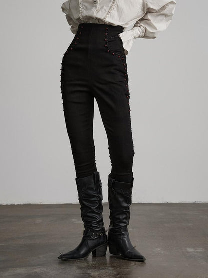 INDULGE High Stretch Non Iron Gothic Studded Skinny Natural Waist Women Black Slim Jeans
