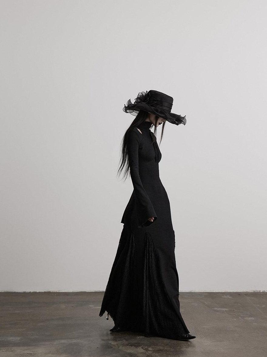 INDULGE High Stretch Waist Cinch Slim Fishtail Long Sleeve Black Bodycon Maxi Dresses