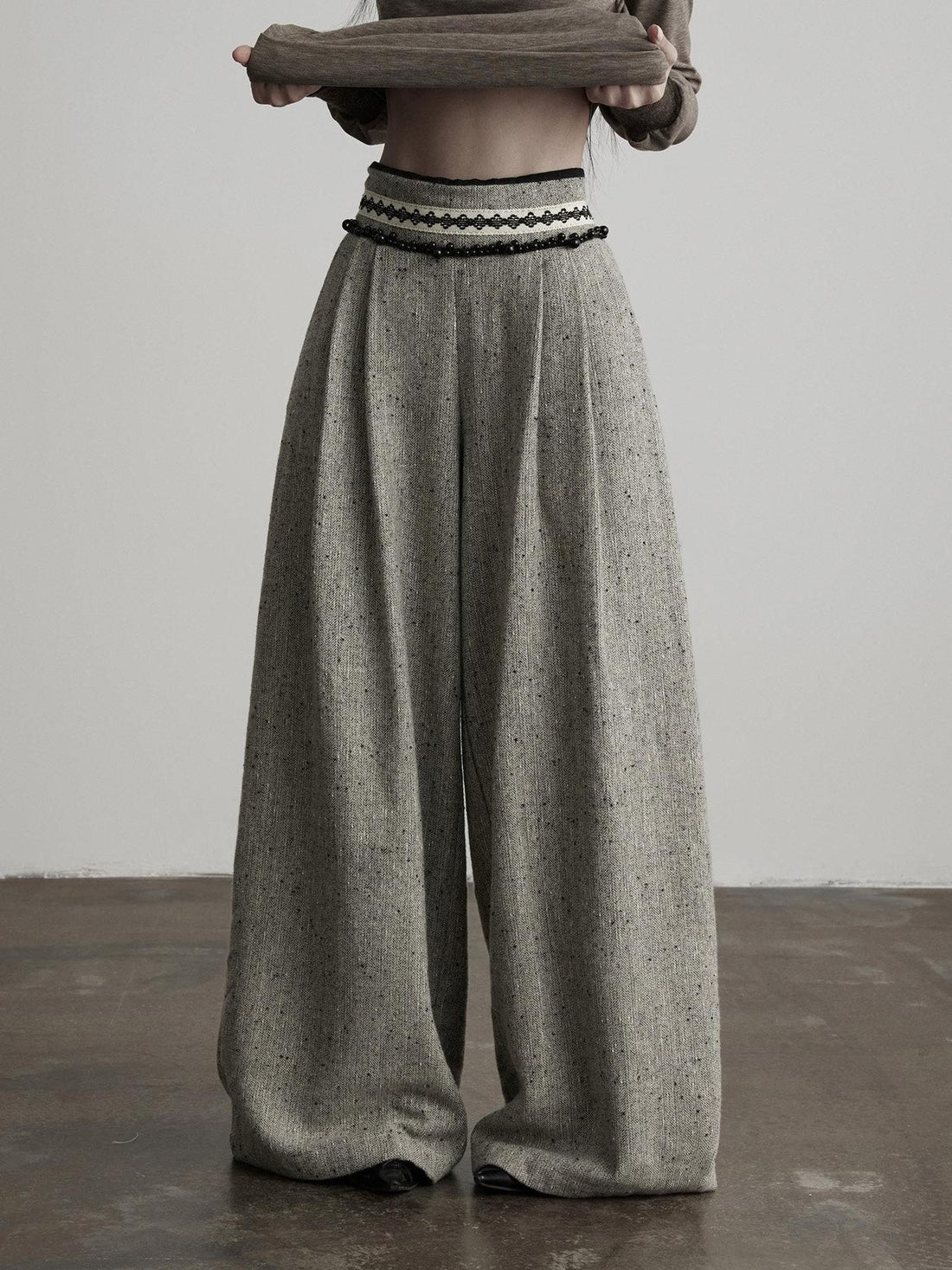 INDULGE High Waist Wool Blend Elastic Waist Pocket Casual Women Gray Wide-Leg Pants