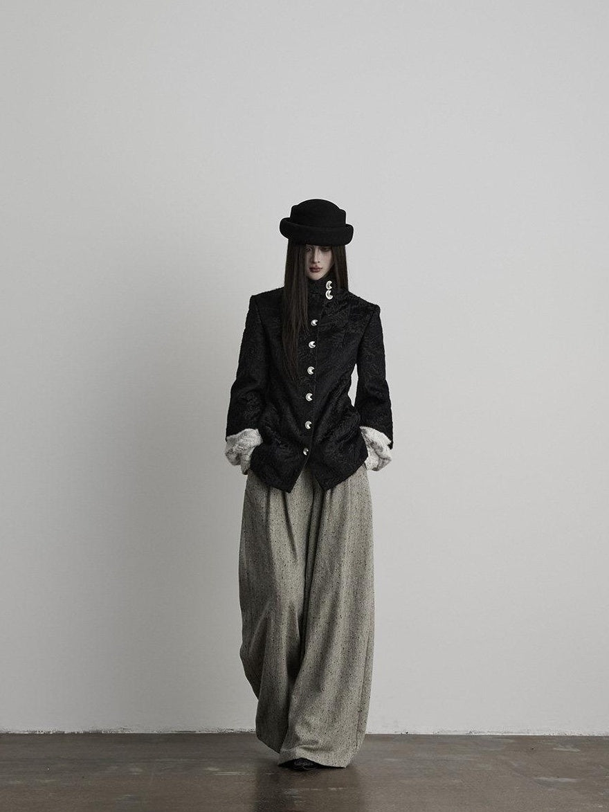 INDULGE High Waist Wool Blend Elastic Waist Pocket Casual Women Gray Wide-Leg Pants