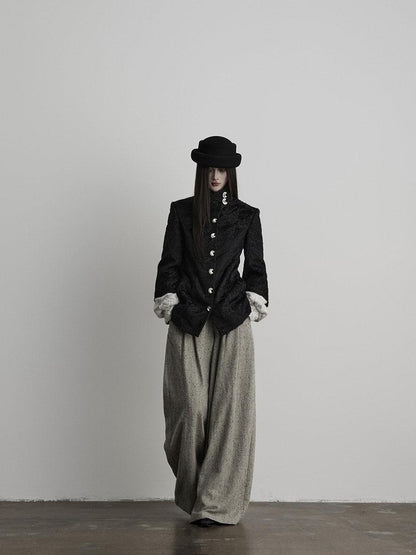 INDULGE High Waist Wool Blend Elastic Waist Pocket Casual Women Gray Wide-Leg Pants