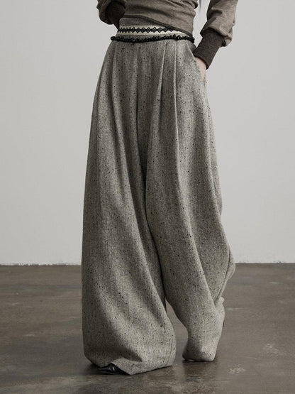 INDULGE High Waist Wool Blend Elastic Waist Pocket Casual Women Gray Wide-Leg Pants