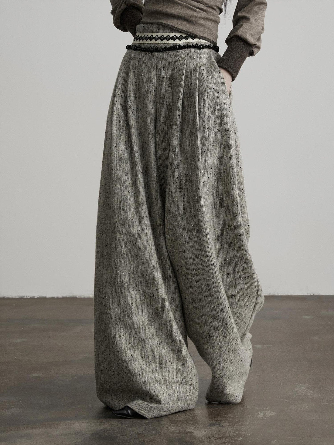INDULGE High Waist Wool Blend Elastic Waist Pocket Casual Women Gray Wide-Leg Pants