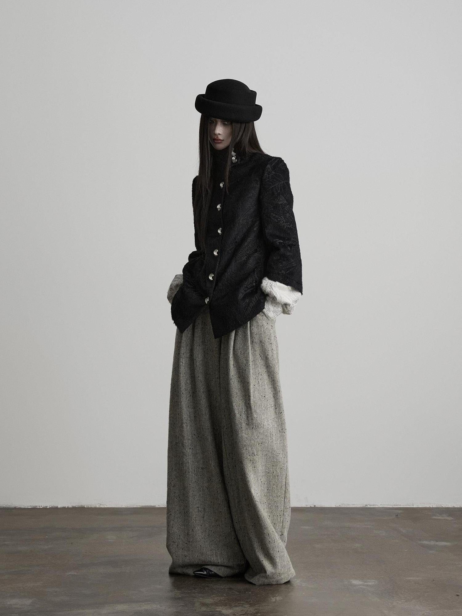 INDULGE High Waist Wool Blend Elastic Waist Pocket Casual Women Gray Wide-Leg Pants