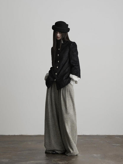 INDULGE High Waist Wool Blend Elastic Waist Pocket Casual Women Gray Wide-Leg Pants