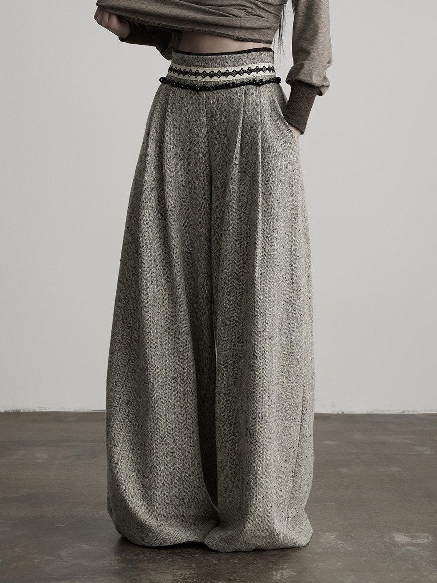 INDULGE High Waist Wool Blend Elastic Waist Pocket Casual Women Gray Wide-Leg Pants
