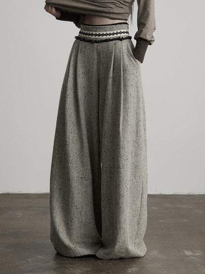 INDULGE High Waist Wool Blend Elastic Waist Pocket Casual Women Gray Wide-Leg Pants