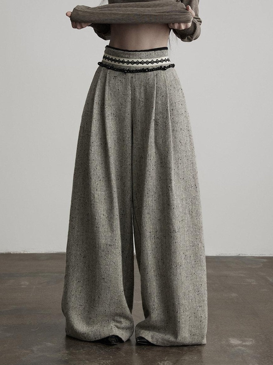 INDULGE High Waist Wool Blend Elastic Waist Pocket Casual Women Gray Wide-Leg Pants