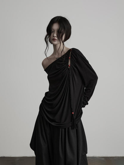 INDULGE Hollow Out Beaded Twisted Asymmetric Shoulder Women&
