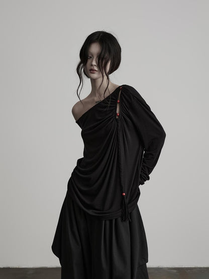 INDULGE Hollow Out Beaded Twisted Asymmetric Shoulder Women&