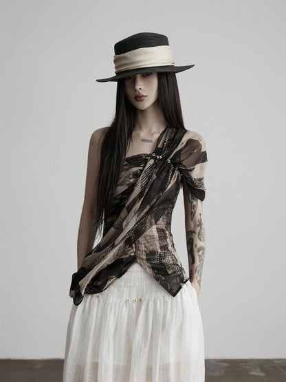 INDULGE Ink Wash Asymmetric Ruched One Shoulder Waist Women&
