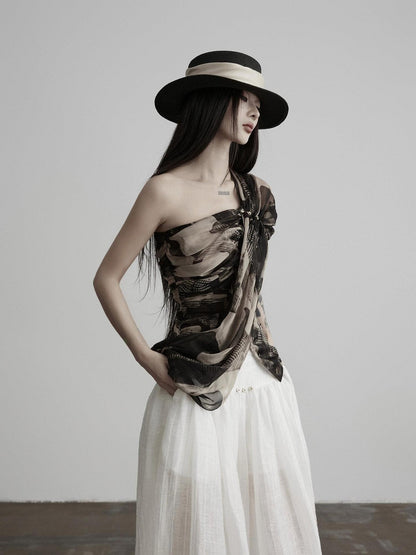 INDULGE Ink Wash Asymmetric Ruched One Shoulder Waist Women&