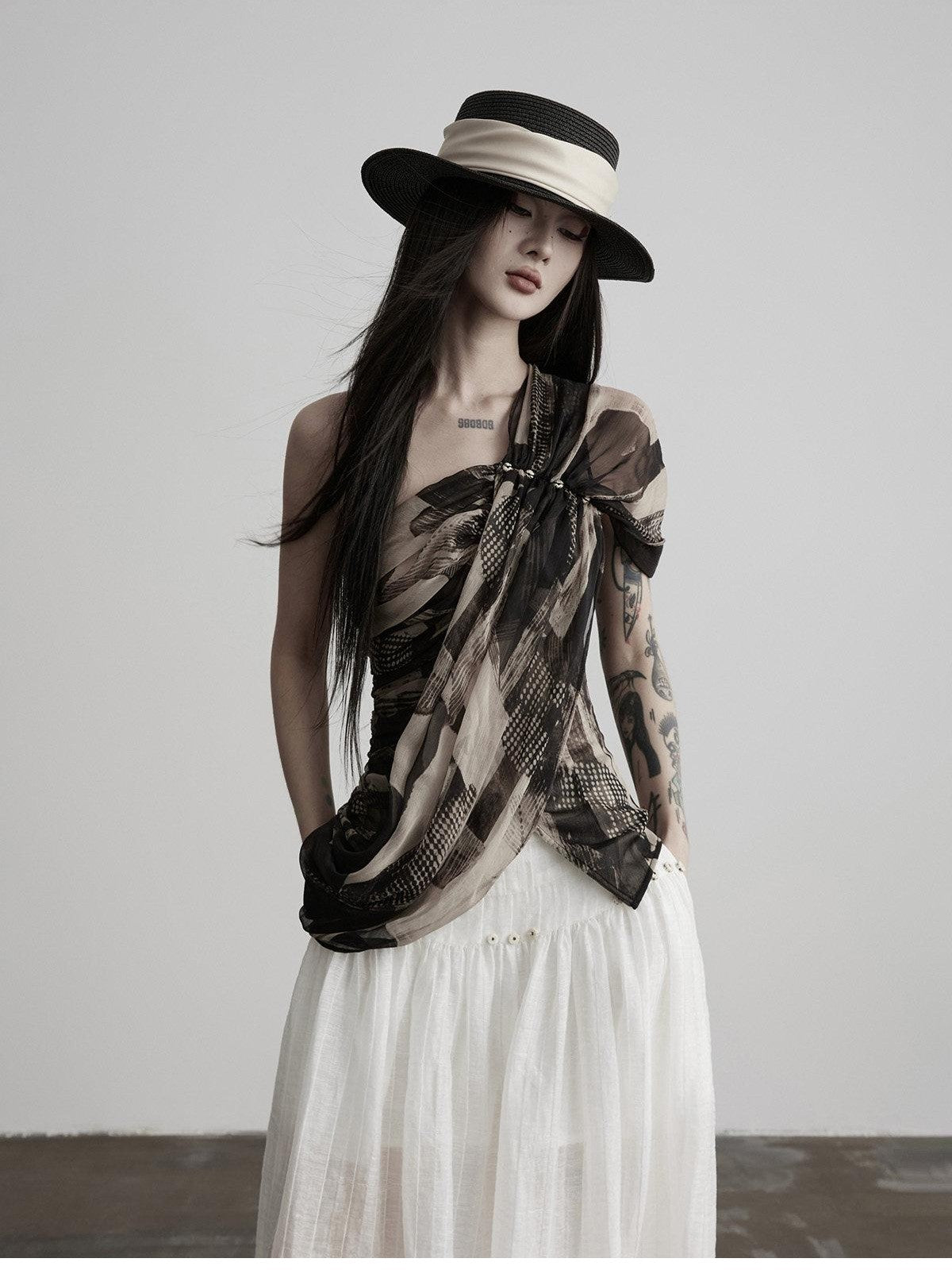 INDULGE Ink Wash Asymmetric Ruched One Shoulder Waist Women&