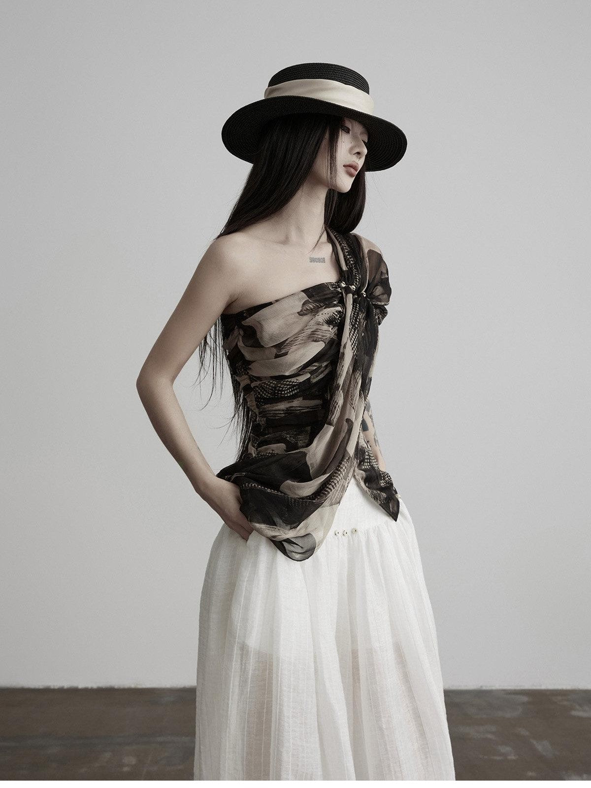 INDULGE Ink Wash Asymmetric Ruched One Shoulder Waist Women&
