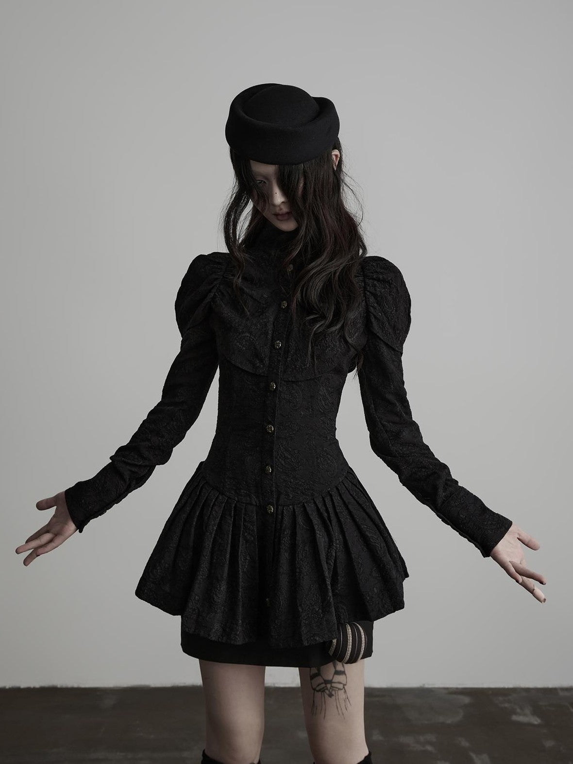 INDULGE Jacquard Pleated Cinched Waist Long Sleeve High Neck Women&