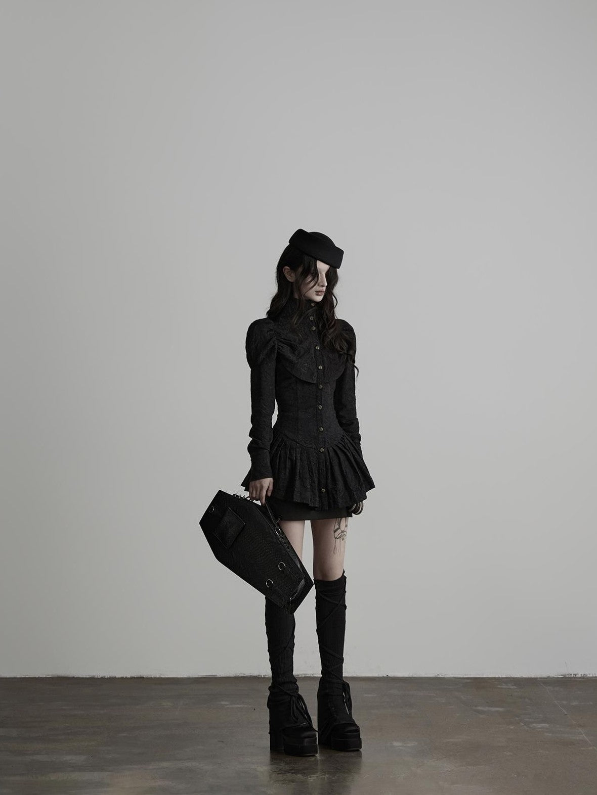 INDULGE Jacquard Pleated Cinched Waist Long Sleeve High Neck Women&