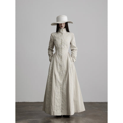 INDULGE Lace Court Style Fitted Waist Long Stand Collar Women Light Oatmeal Trench Coats