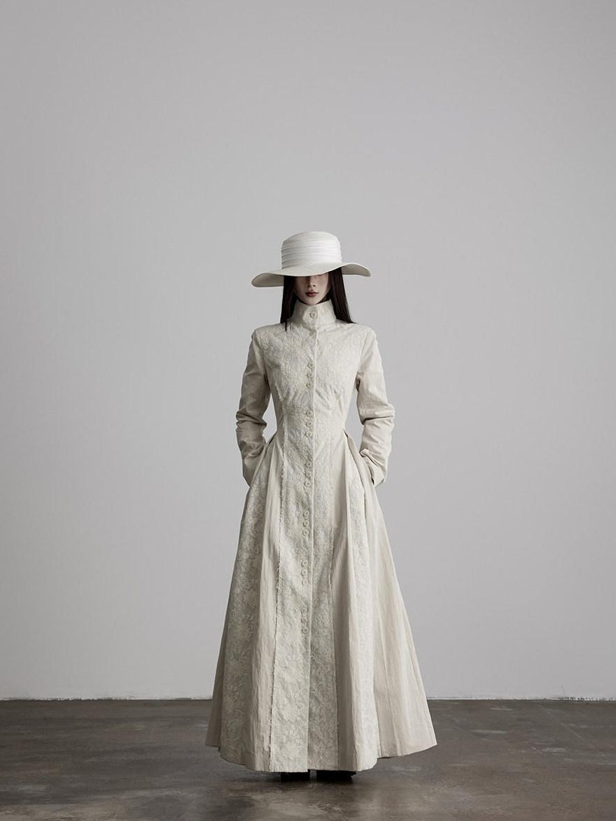 INDULGE Lace Court Style Fitted Waist Long Stand Collar Women Light Oatmeal Trench Coats